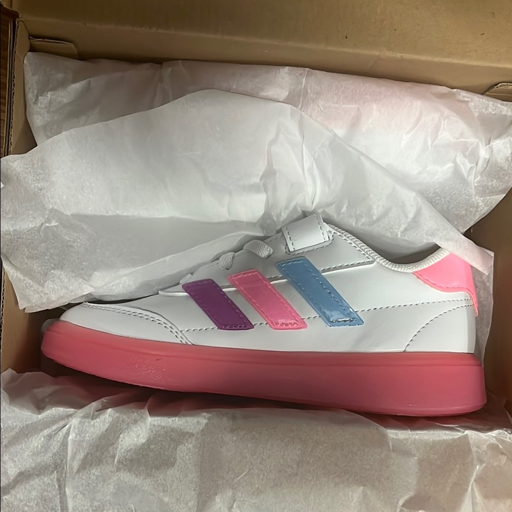 Adidas Kids' White Sneakers with Pink and Blue Stripes
